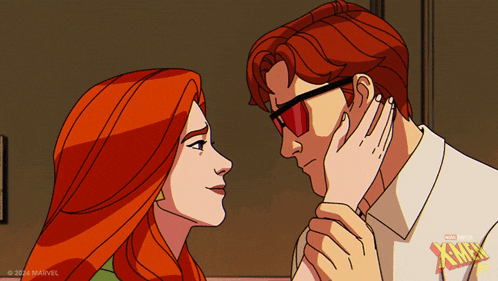 a cartoon of a man and a woman with the word x-men on the bottom right