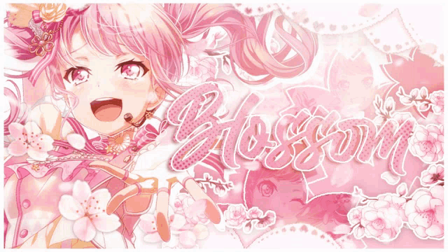 a girl with pink hair is surrounded by pink flowers and says blossom