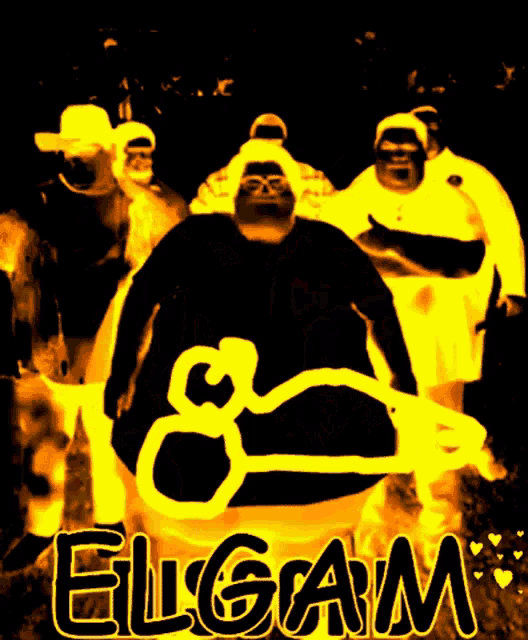 a group of people standing next to each other with the word elgam written in yellow