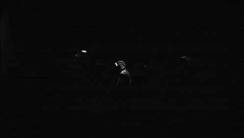 a black and white photo of a person in a dark room with a ferris wheel in the background .