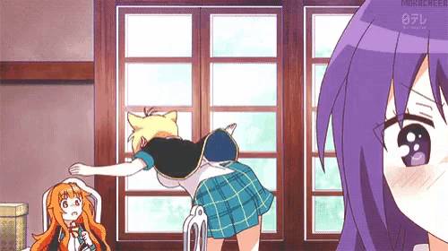 two anime girls are standing in front of a window and one of them has purple hair .
