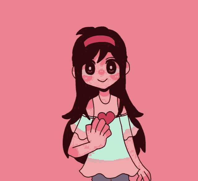 a girl with long black hair is holding a pink heart
