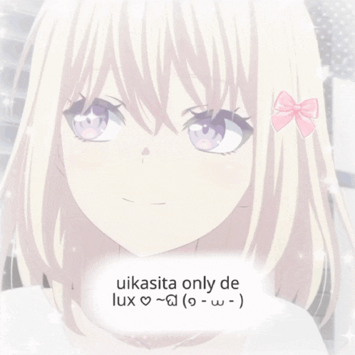a picture of a girl with a pink bow on her head and the words " uikasita only de lux " on the bottom