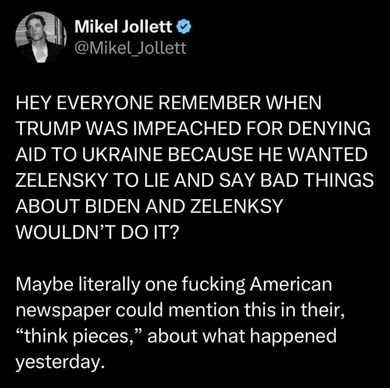 a tweet from mikel jollett that says " hey everyone remember when trump was impeached for denying aid to ukraine