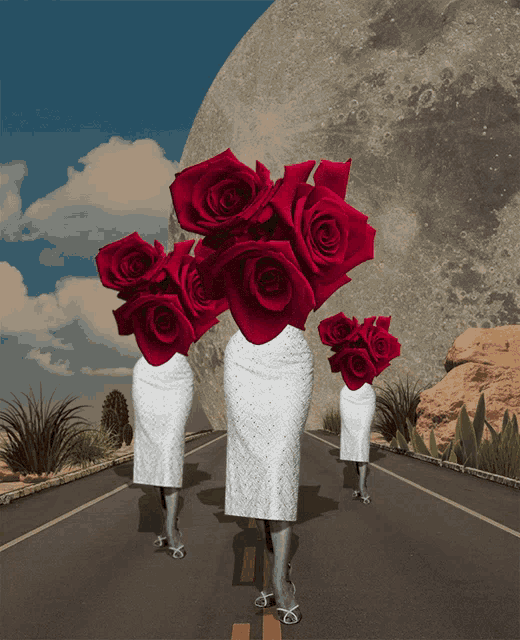 three women in white dresses with red roses on their heads