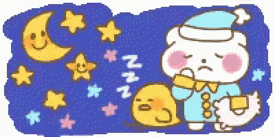 a cartoon of a bear sleeping next to a yellow duck and a moon .