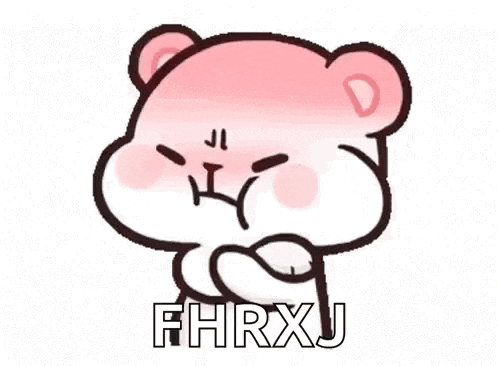 a pink teddy bear is making a funny face and saying fhrxj .