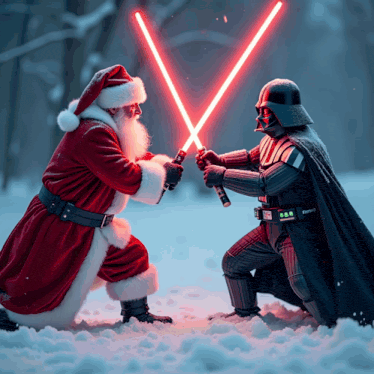santa and darth vader are holding lightsabers in the snow