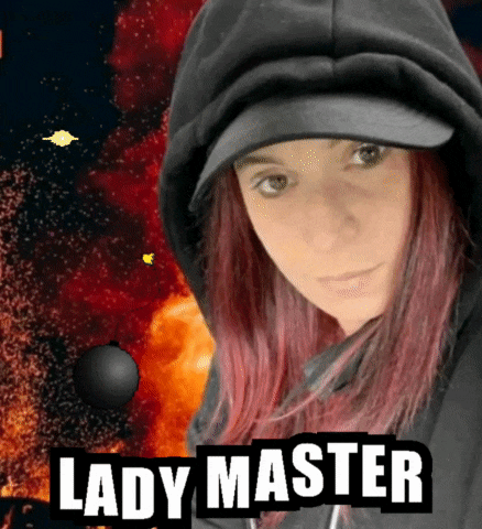 a woman with red hair wearing a black hat and a black hoodie with the words lady master below her