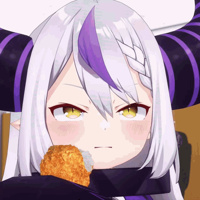 a close up of a cartoon character with horns holding a piece of fried food