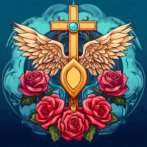 a drawing of a cross with wings and roses