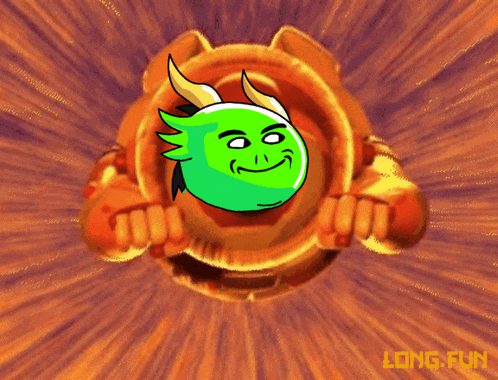 a cartoon drawing of a green monster with horns and the words long.fun below it