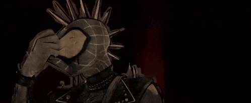 a cartoon of a man with spikes on his head and a mask on his face .