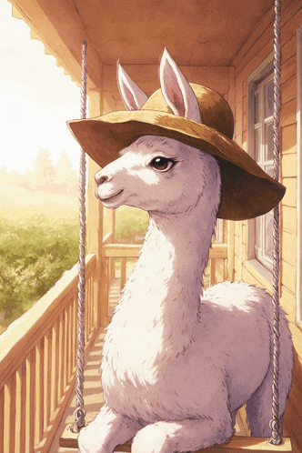 a white llama wearing a straw hat is sitting on a porch swing