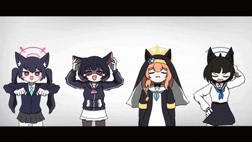 a group of anime girls are standing in a row