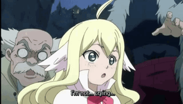 a cartoon girl says i 'm not crying in front of a man