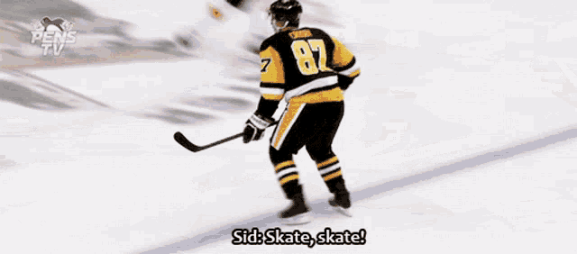 a hockey player with the number 87 on his jersey is skating on the ice