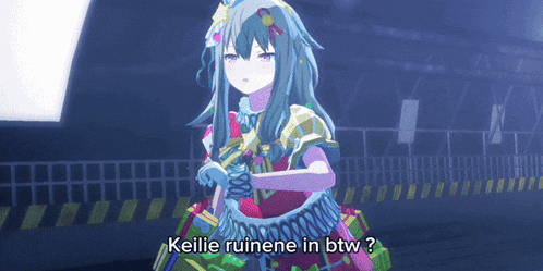 a girl in a purple dress with the words keilie ruinene in btw written on the bottom