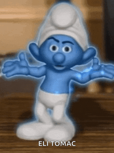 a smurf giving a thumbs up with the name eli tomac below him