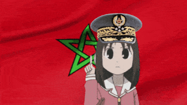 a cartoon girl wearing a military hat with a star on it
