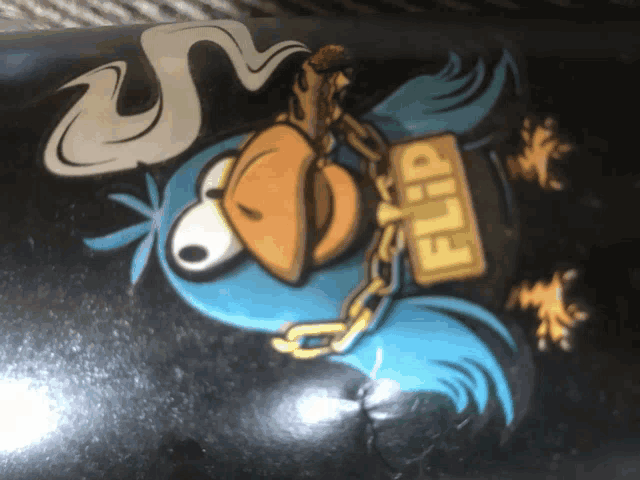 a cartoon bird with a chain around its neck holds a flip sign