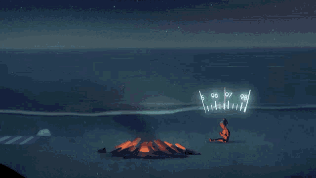 a person sitting in front of a campfire with a compass reading 98