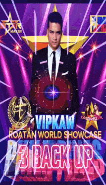 a man in a suit and tie is standing in front of a purple background with the words vipkaw roatan world showcase 3 back up