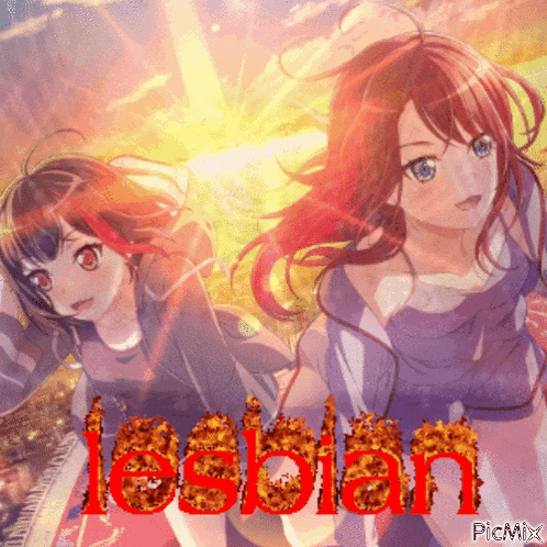 two anime girls are standing next to each other with the word lesbian in red