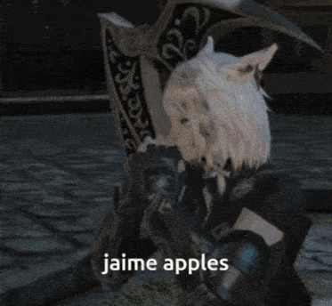 a video game character says jaime apples in front of a dragon shield