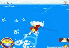a video game screen shows a man flying through the air while holding a flag