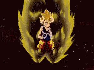 a cartoon character from dragon ball z is flying through the air surrounded by a yellow aura .