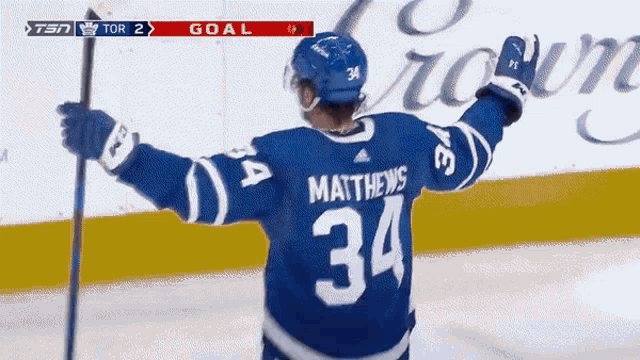 a hockey player with the number 34 on his jersey is celebrating a goal