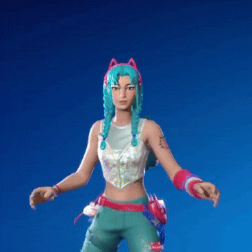 a girl with green hair and cat ears is holding her hands up in the air
