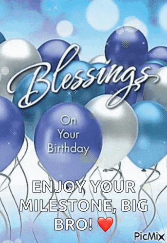 a birthday card with blue and silver balloons and the words blessings on your birthday enjoy your milestone big bro