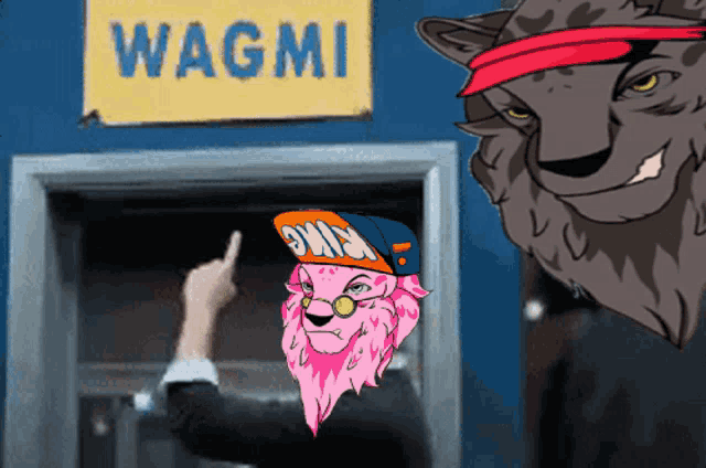 a sign that says wagmi on it next to a cartoon