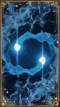 a painting of a blue and white circle with a crescent moon in the background