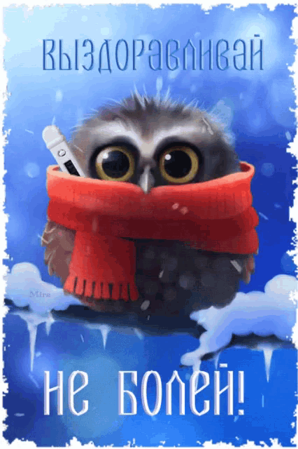 an owl with a red scarf around its neck and a thermometer