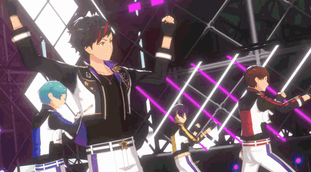 a group of anime characters are performing on stage