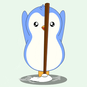 a blue and white penguin holding a mop in its paws