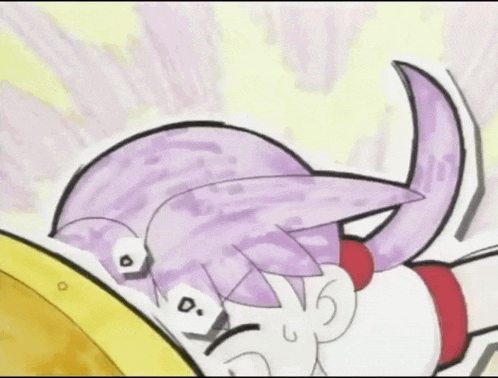 a cartoon drawing of a girl with purple hair and a red bow tie
