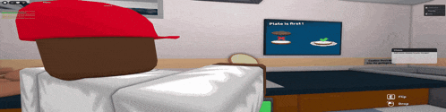 a person in a red hat sitting in front of a tv that says " plate is first "