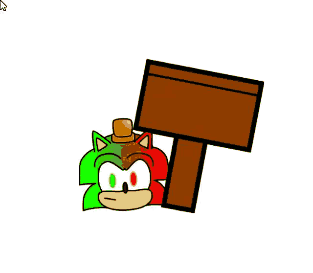 a cartoon of a sonic the hedgehog wearing a top hat next to a wooden hammer .