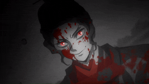 a black and white drawing of a person with red eyes and blood on their face