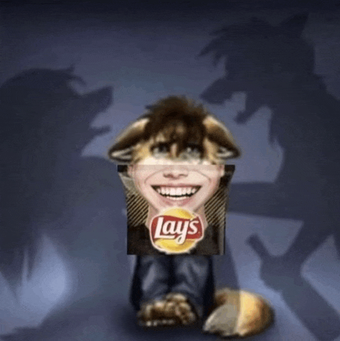 a furry character with a bag of lays chips on his face