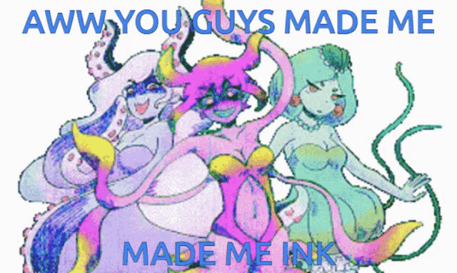 a drawing of three mermaids with the words " aww you guys made me made me ink " below them