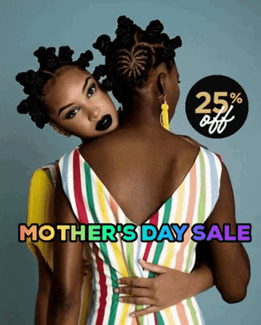 an advertisement for mother 's day sale with two women hugging