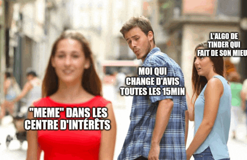 a woman in a red dress is looking at a man in a plaid shirt with the caption " meme dans les centre d' interests "