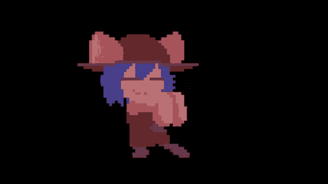 a pixel art drawing of a girl with blue hair wearing a hat