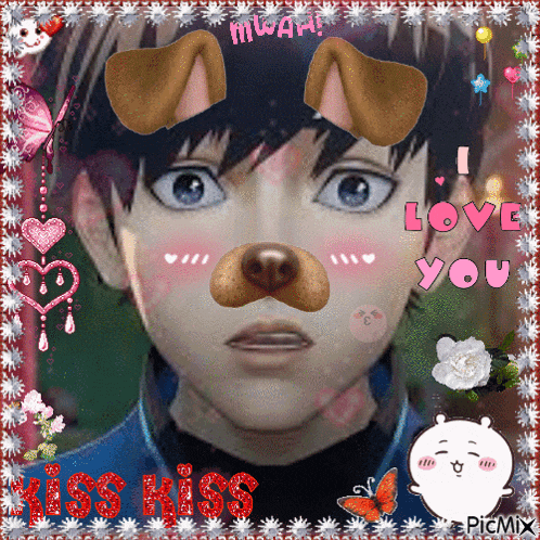 a picture of a boy with a dog mask on his face and the words i love you kiss kiss