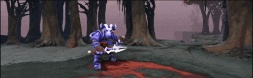 a video game character with horns is holding a sword in a forest